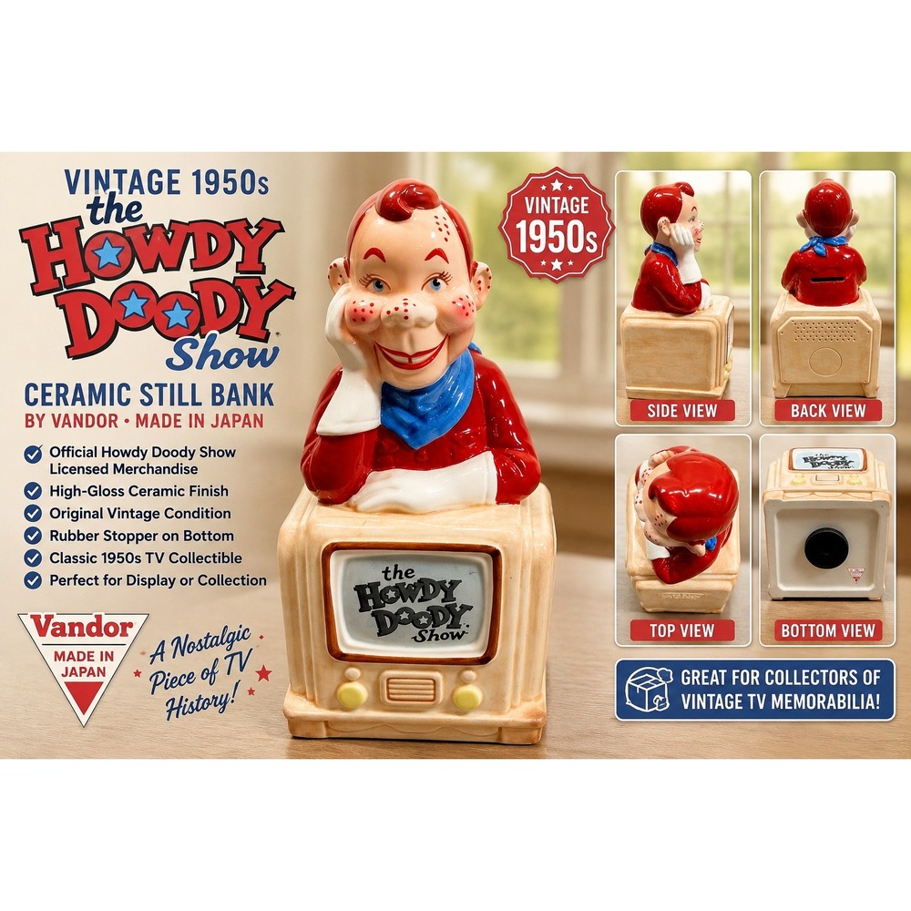 Vandor Howdy Doody Show Ceramic TV Coin Bank Vintage Made in Japan Red Blue 7in